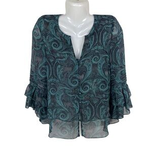 Hinge Green Ruffle detail sleeve Buttoned Blouse